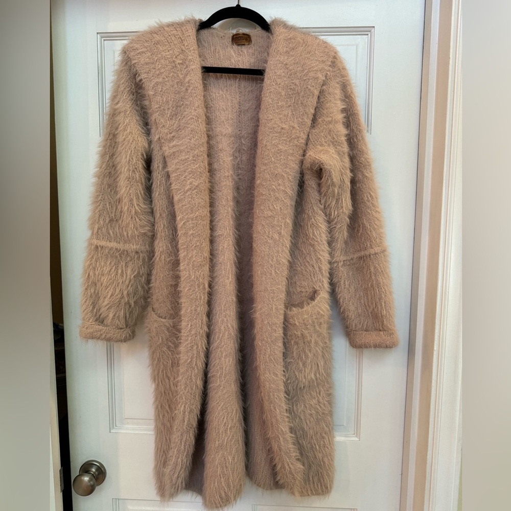 Long fuzzy sweater coat